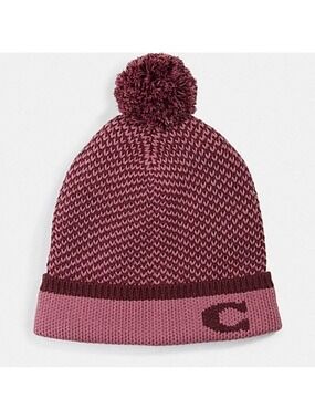 COACH PINK COLOR BLOCK KNIT HAT WITH POM POM